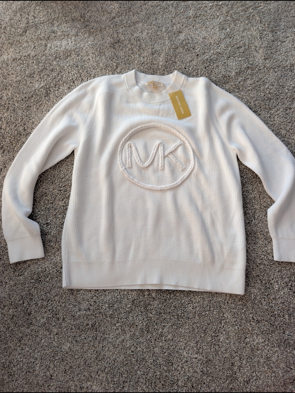 NWT Michael Kors Braided Logo Cotton Blend Ribbed Sweater White Small
